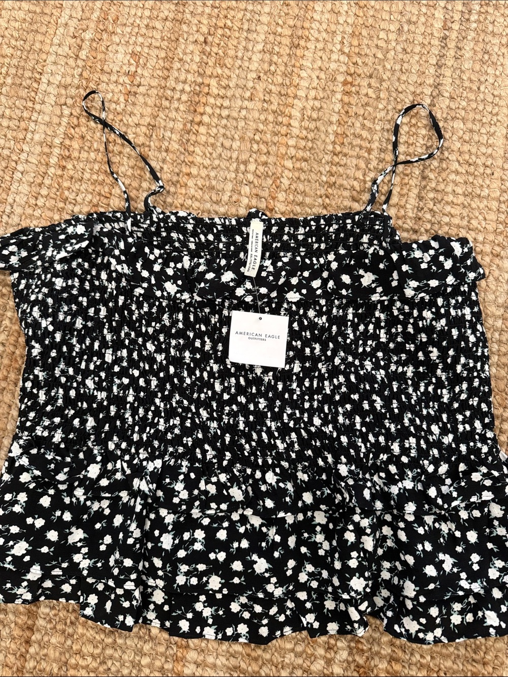 American Eagle Outfitters Black and White Floral Smocked Cami